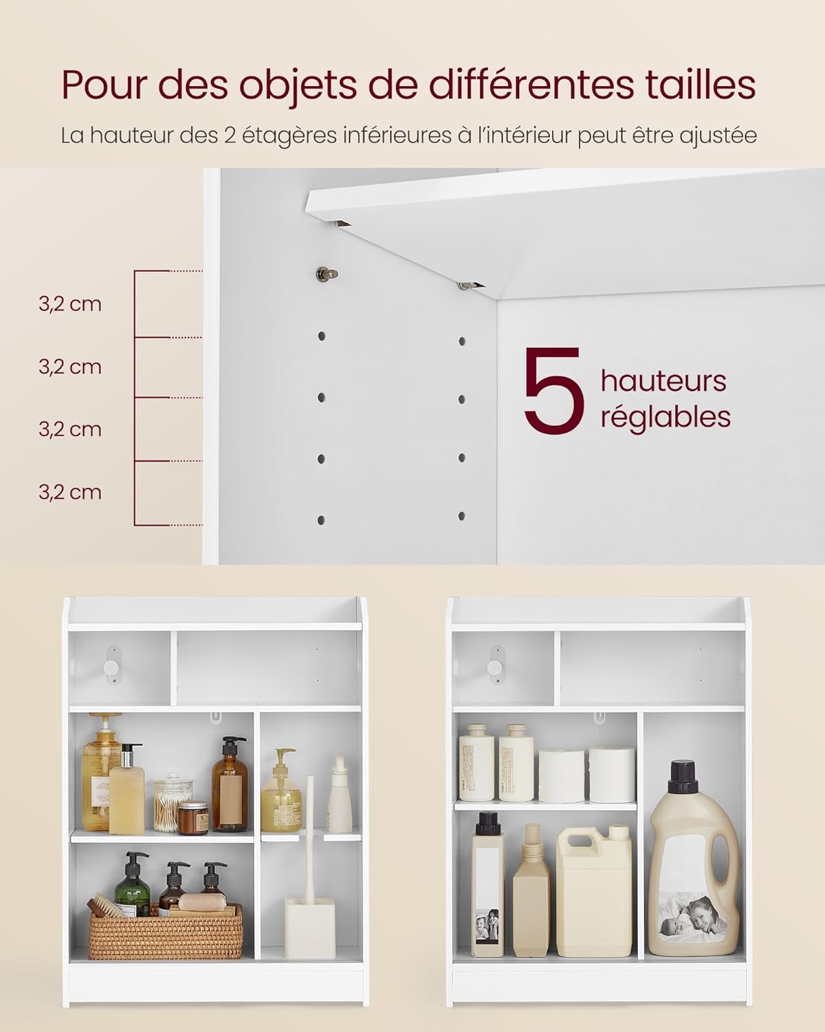 VASAGLE - meuble WC blanc série rangement, 20x60x80 cm, portes coulissantes, étagères ajustables, BBC752W01