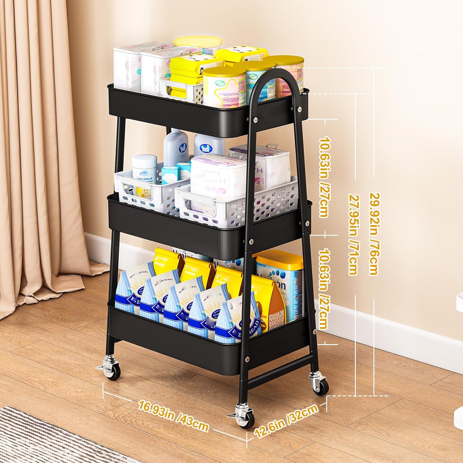 Chariot de rangement - 3 étages - métal, roulettes, polyvalent, noir