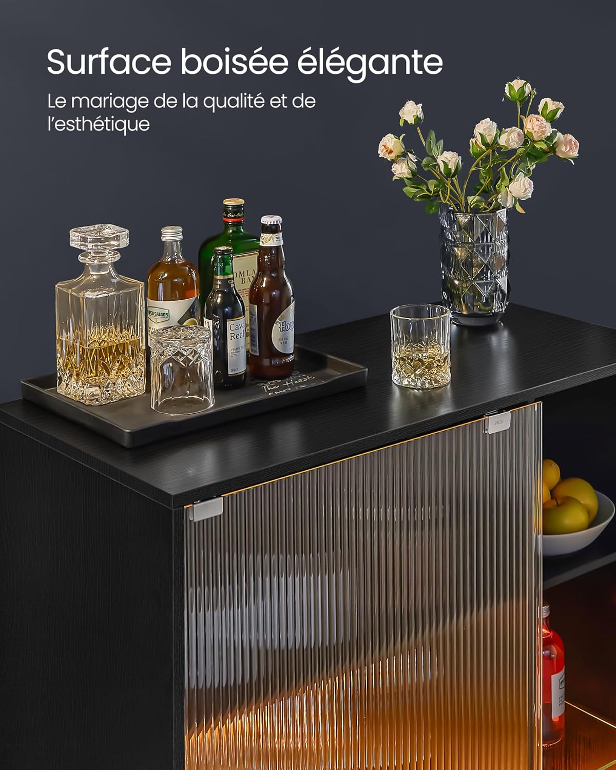 VASAGLE - bar à vin LED, porte-verre, porte vitrée, 100x40x80 cm - BBK361B21