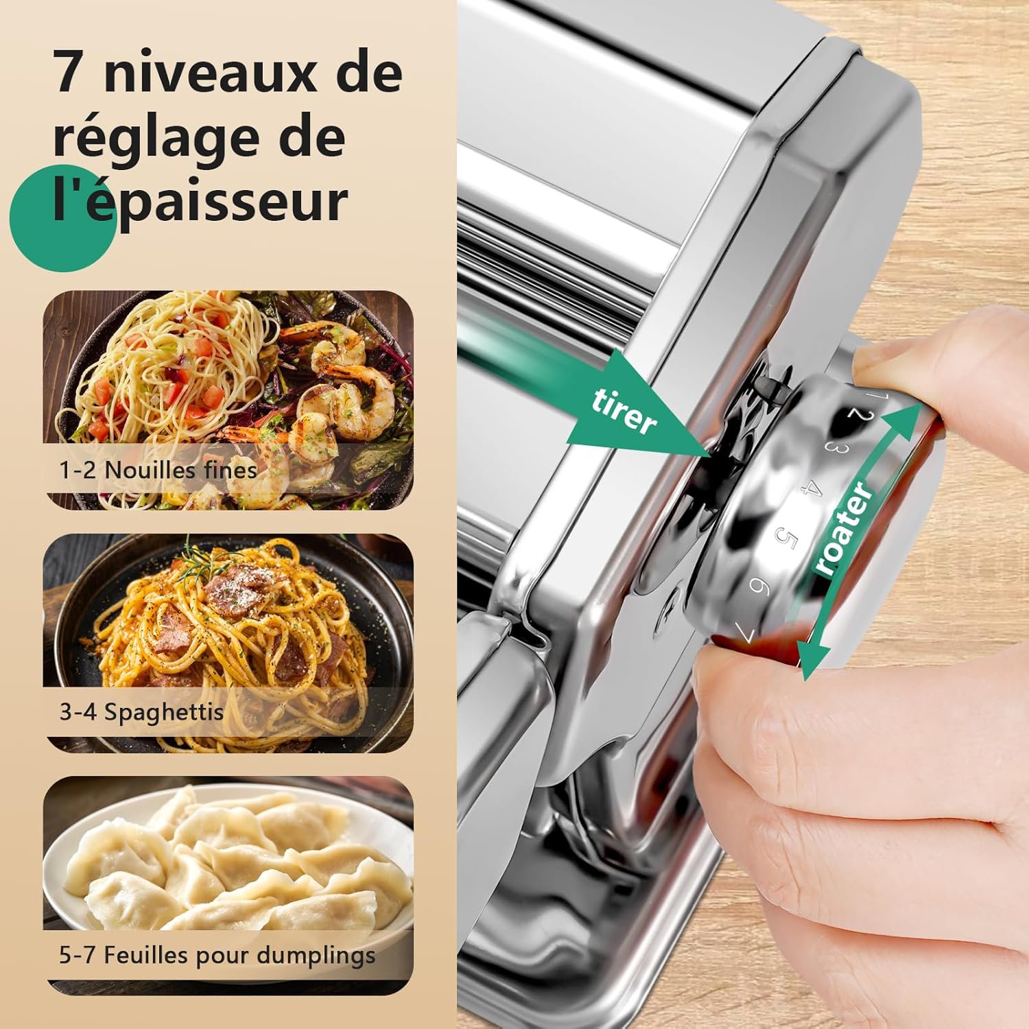 YASHE - machine à pâtes manuelle - inox, 7 réglages, rouleau, coupe-pâtes