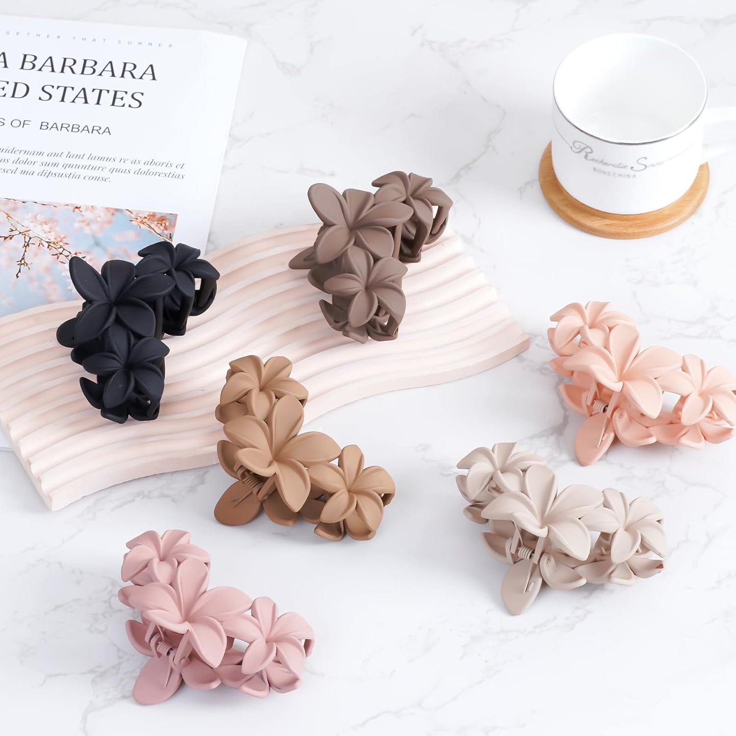 Pinces à cheveux - fleur double dents, 11cm, antidérapantes, lot de 6