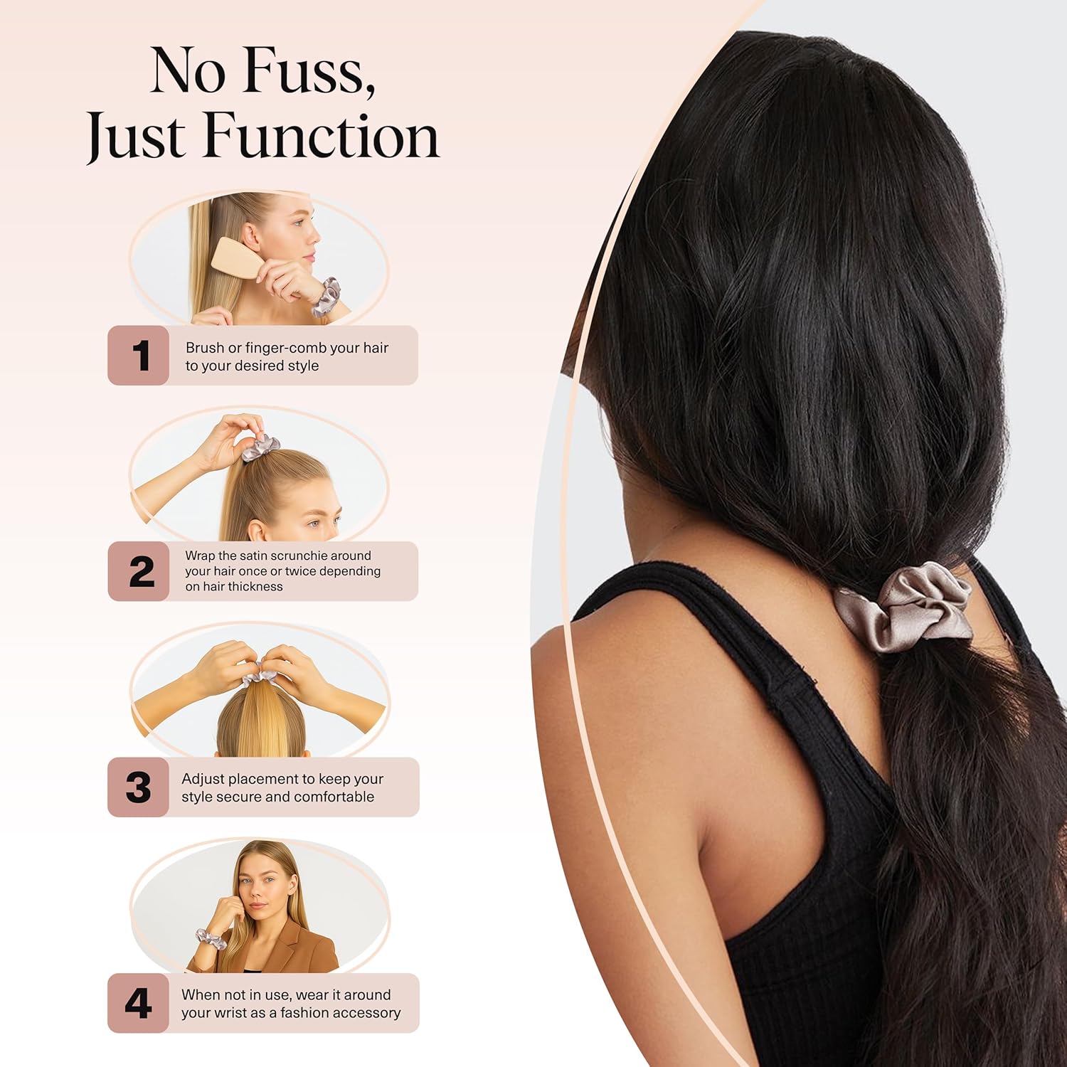 Kitsch - Chouchous satin femme, 5 pièces - élastiques anti-plis, adaptés jour/nuit, tous cheveux