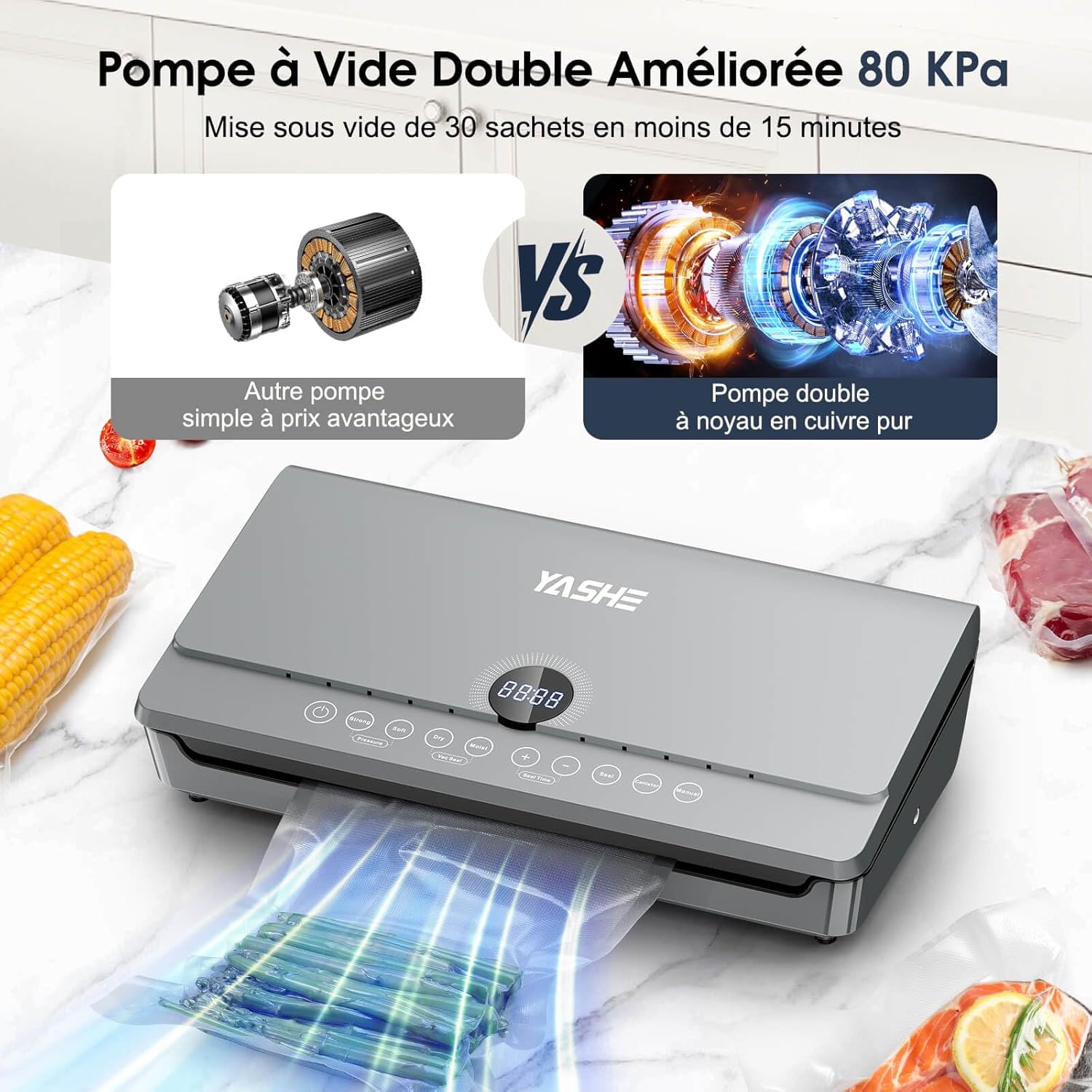 YASHE - Machine sous vide 10-en-1, double pompe, rouleau intégré, 80KPA