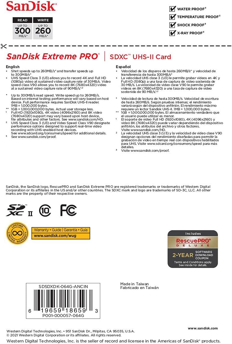 SanDisk - Extreme PRO SDXC 64 Go - UHS-II, V90, 300 Mo/s, 4K/8K - SDSDXDK-064G-GN4IN