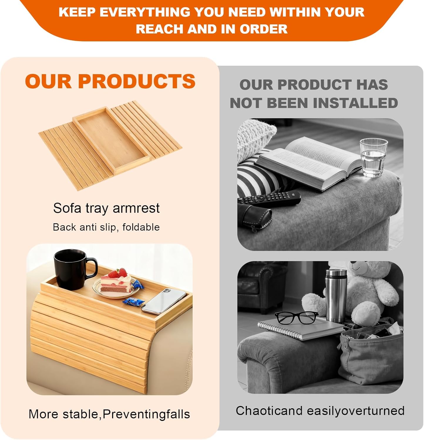 Plateau d'accoudoir bois pliable, antidérapant, multi-usage, 40x25cm