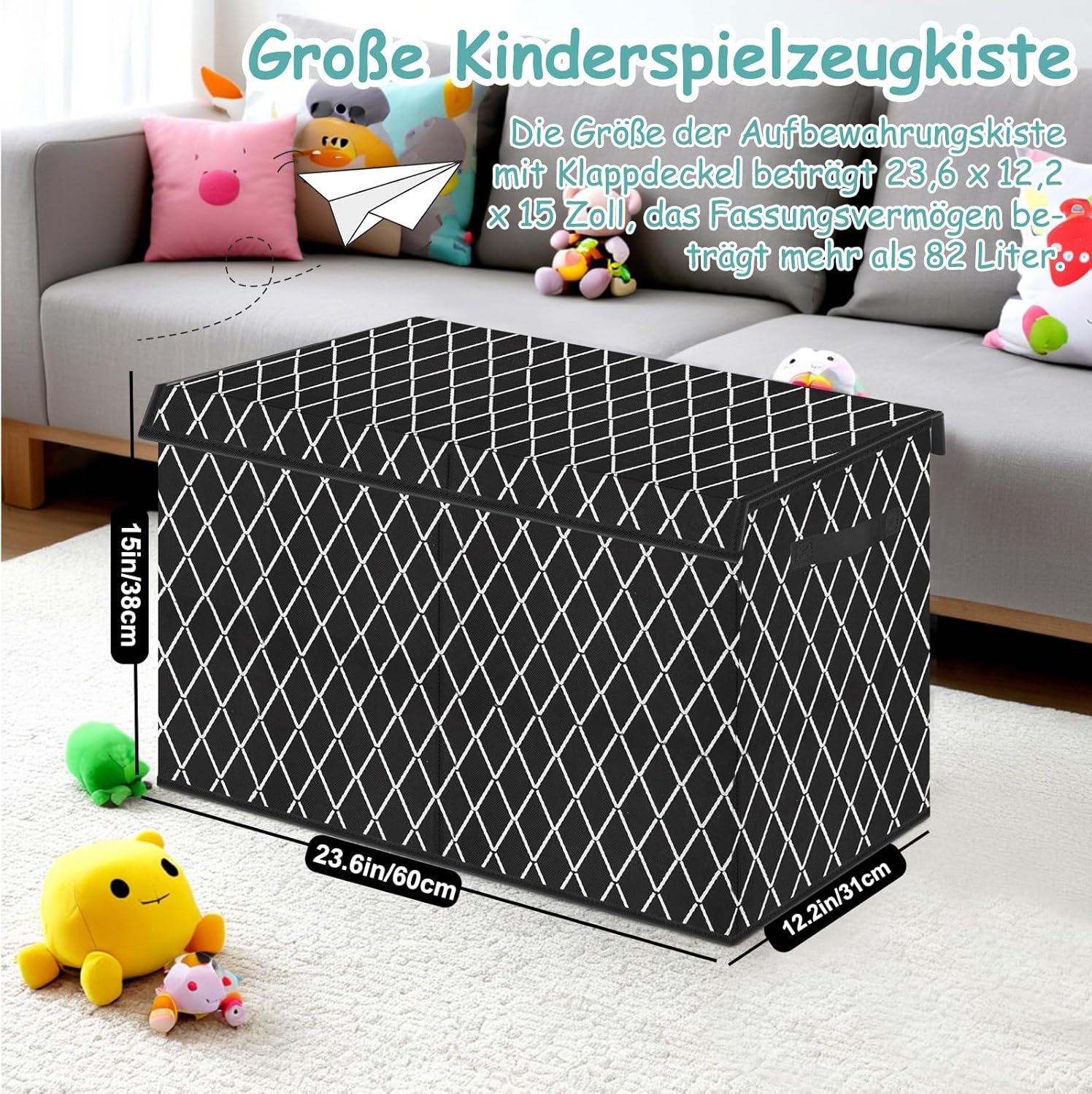 Boîte à jouets - coffre motif carreaux noirs, poignées, couvercle, rangement chambre enfant