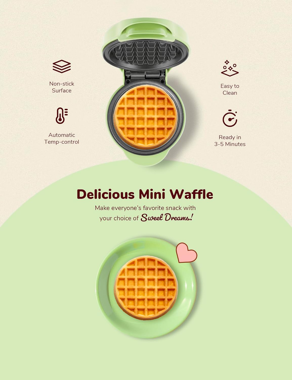 Bestron - Mini gaufrier rétro menthe mat - compact - revêtement antiadhésif