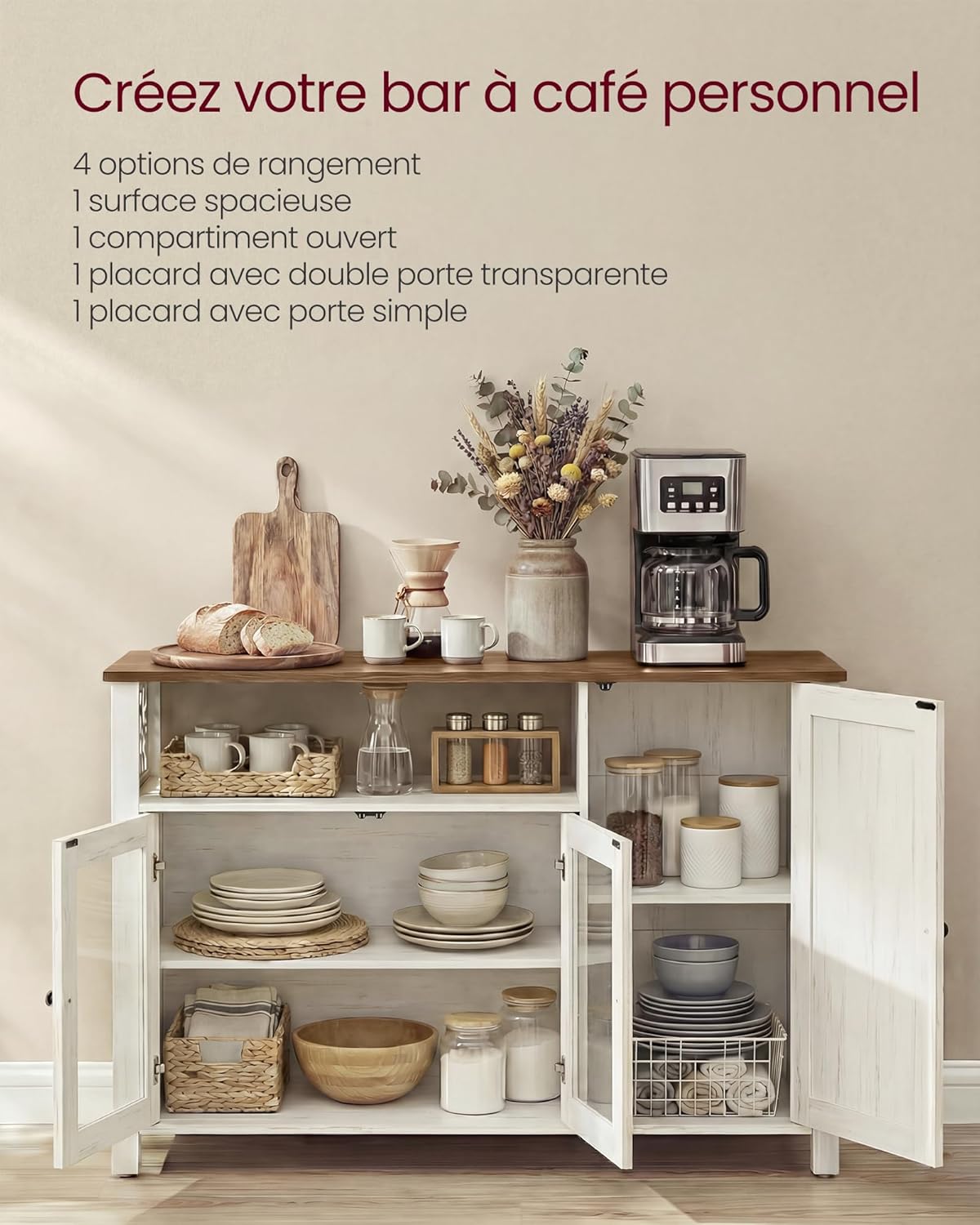 VASAGLE - Buffet série rustique - 33x110x75 cm - 3 portes, marron miel, blanc rustique - LSC096WJ02