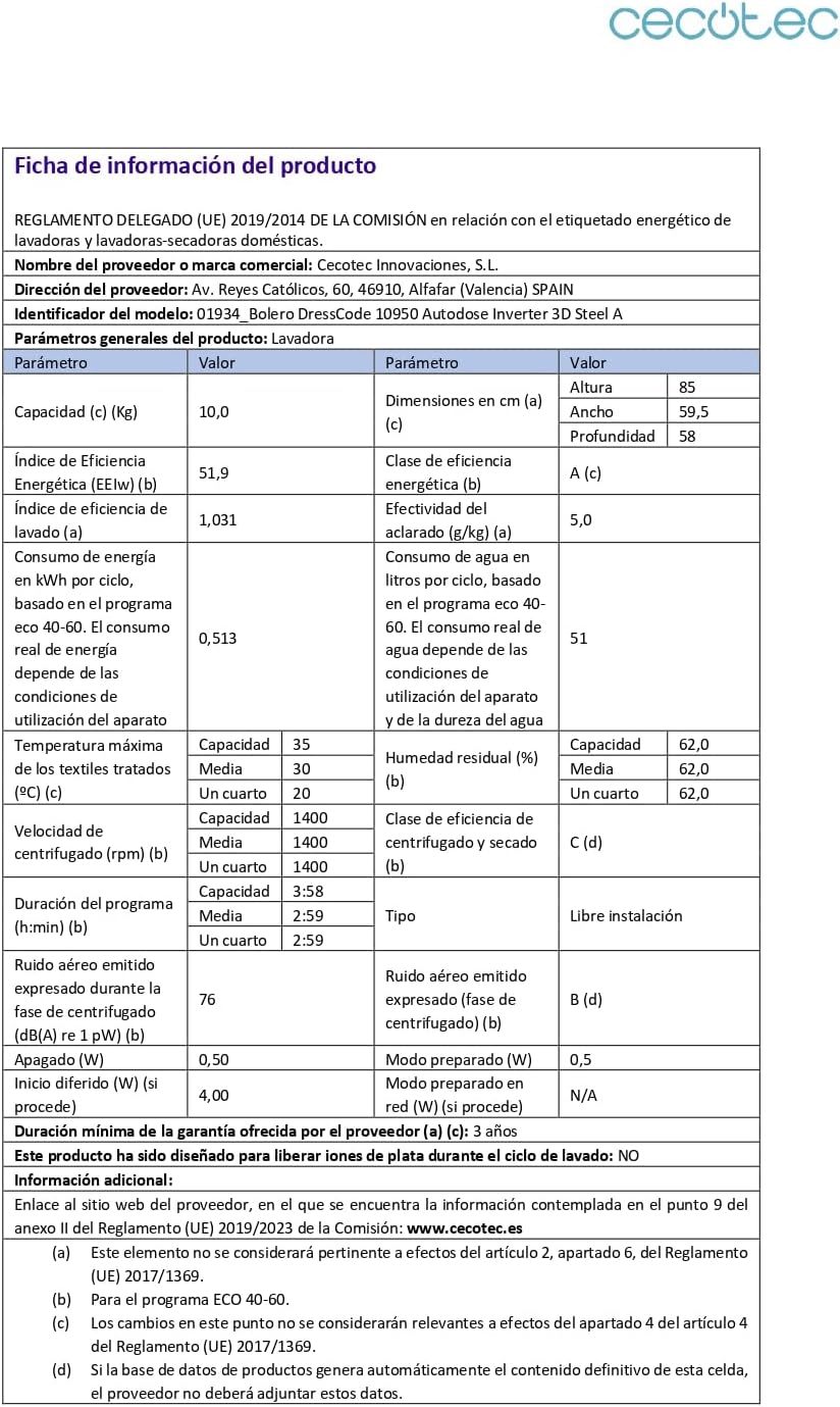 Cecotec - Bolero DressCode (Autodose Inverter 3D Steel) - 10kg, 1400 tr/min, écran 9,2