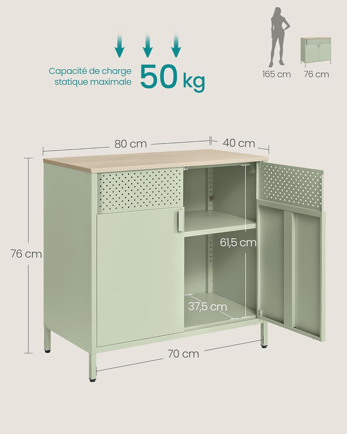 SONGMICS - buffet série métal - 40x80x76 cm - acier, portes magnétiques, vert laurier/chêne naturel LSC102C01