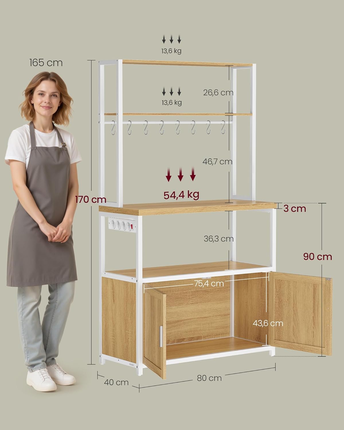 VASAGLE - étagère cuisine, 40x80x170cm, bar à café, 8 crochets, KKS059YA02