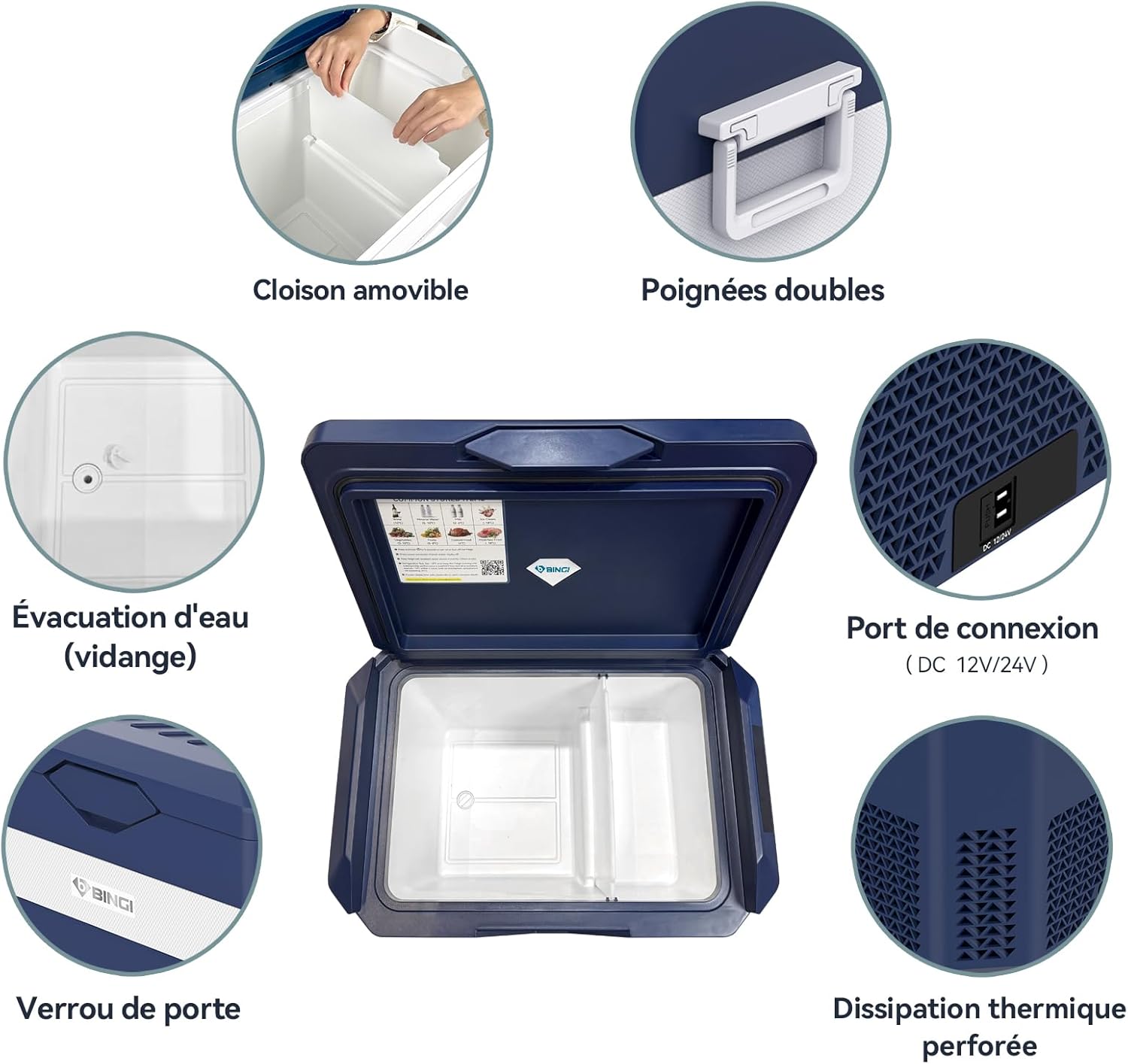 BINGI - glacière électrique 38L - jusqu’à -18°C, multi-voltage, portable