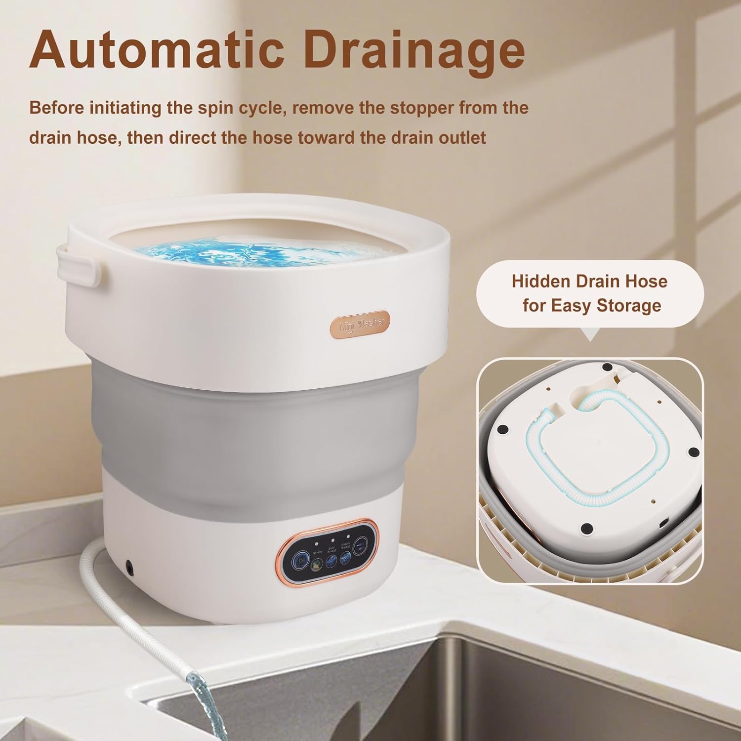 Mini-lave-linge portable 15L, pliable, essorage 2-en-1, compact