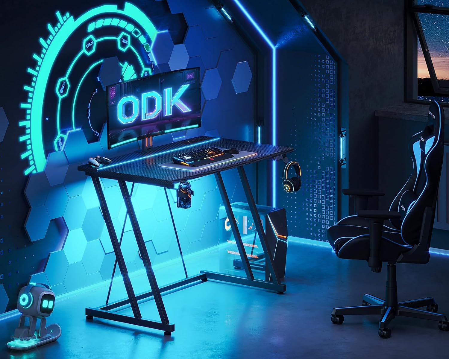 ODK - Bureau Gaming - 80x50 cm - LED, porte-gobelet, crochet casque