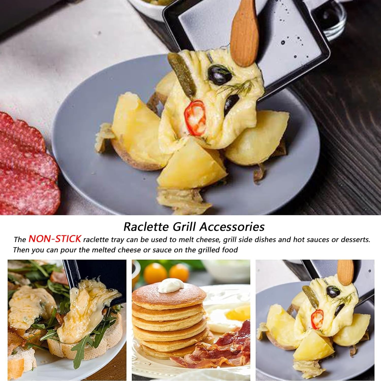 Poêlon à raclette - 18x10cm - antiadhésif, 8 pelles bois, multicolore