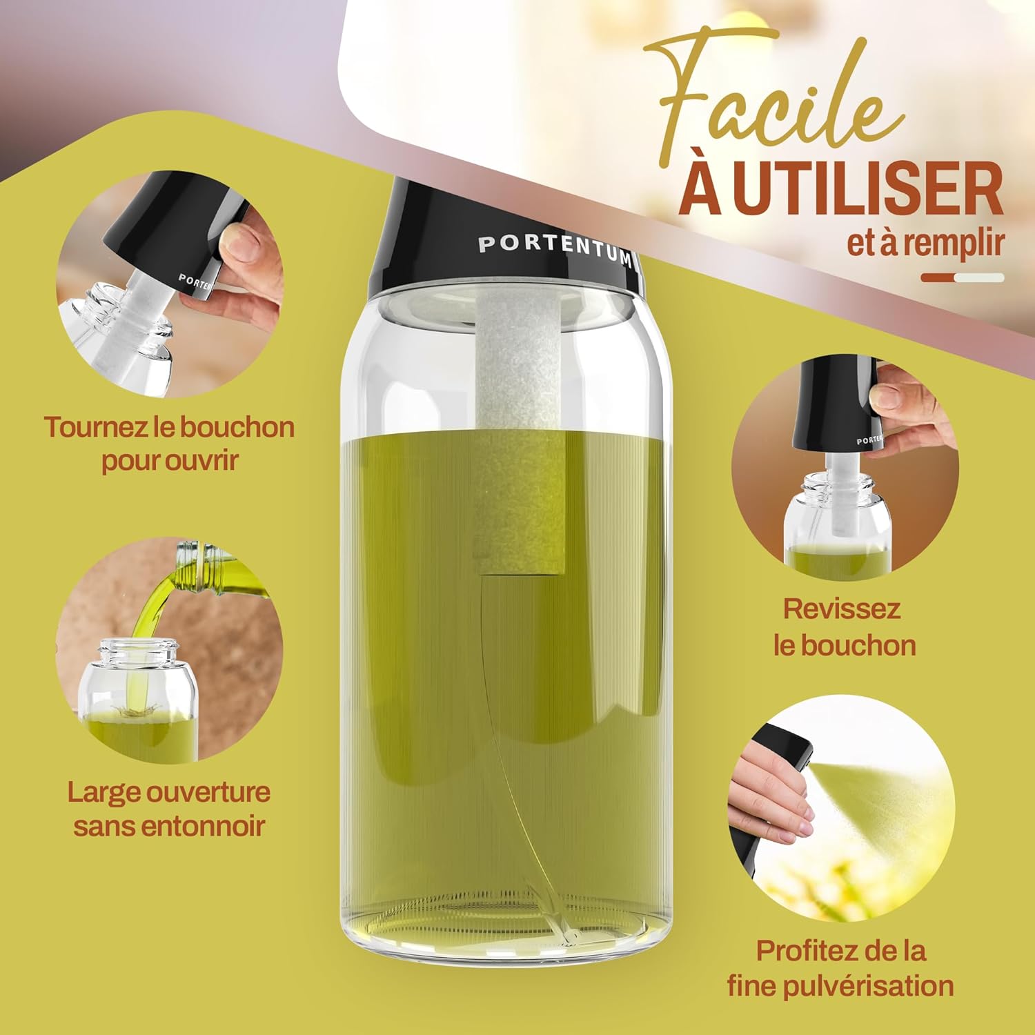PORTENTUM - Pulvérisateur d'huile Premium 300ml - Verre anti-goutte, distributeur cuisine
