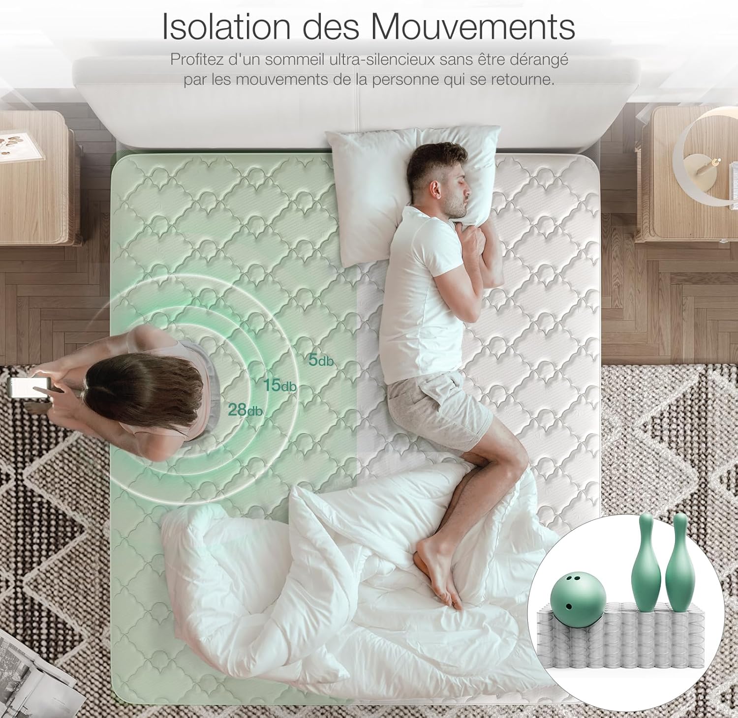 Novilla - Matelas 3 Zones - 120x200 cm - Ressorts ensachés, mi-ferme, isolation mouvement