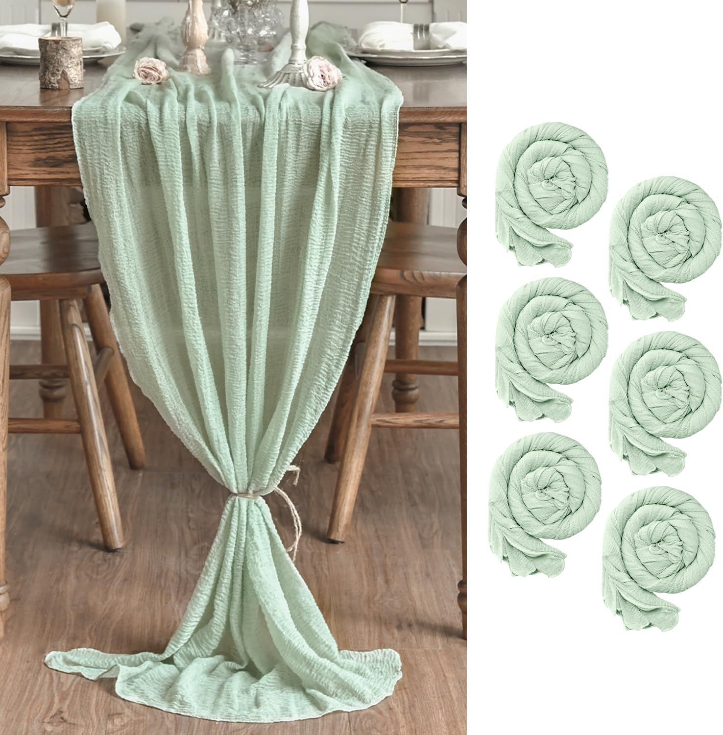 Artoid Mode - Lot de 6 chemins de table, 300cm, gaze mousseline bohème vert sauge, déco mariage/fête