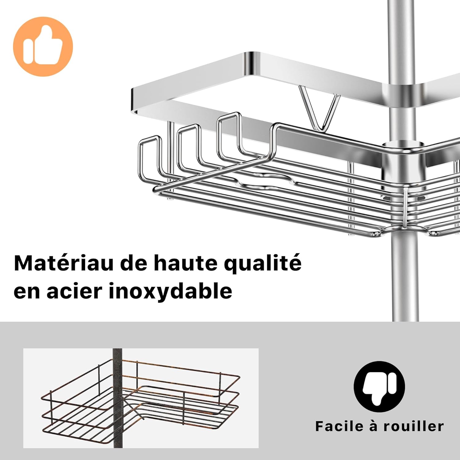 Kegii - étagère douche télescopique, 4 paniers réglables, argent