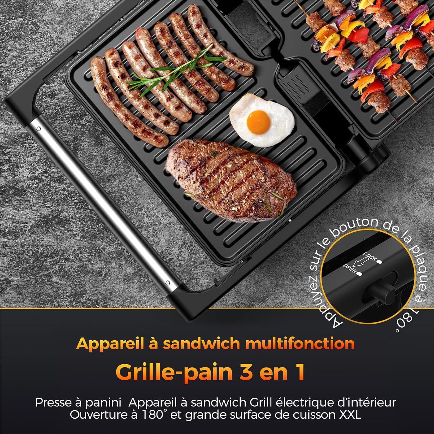 YASHE - Appareil à Croque-Monsieur - XXL - 1500W, plaques antiadhésives, température auto