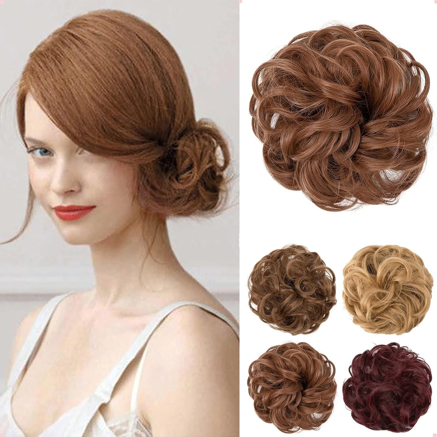 JJstar – Chignon postiche bouclé, élastique, cheveux naturels, auburn clair