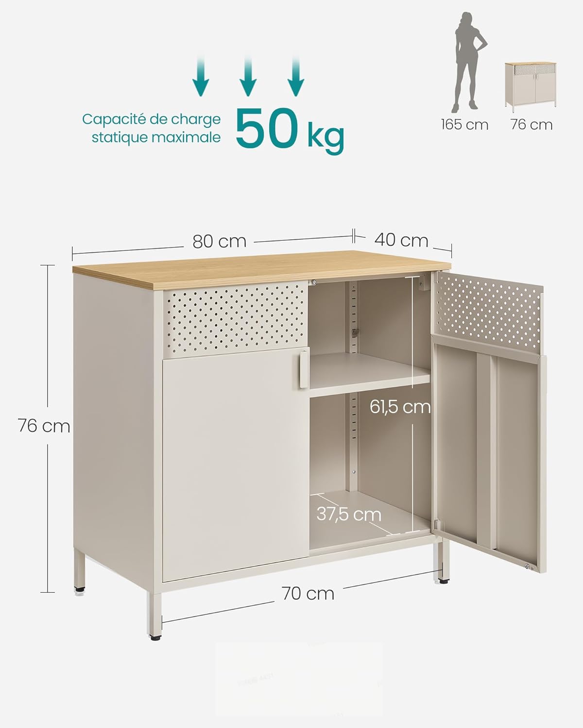 SONGMICS - Meuble de rangement double porte métal, 40x80x76 cm, beige, fermeture magnétique LSC102L01