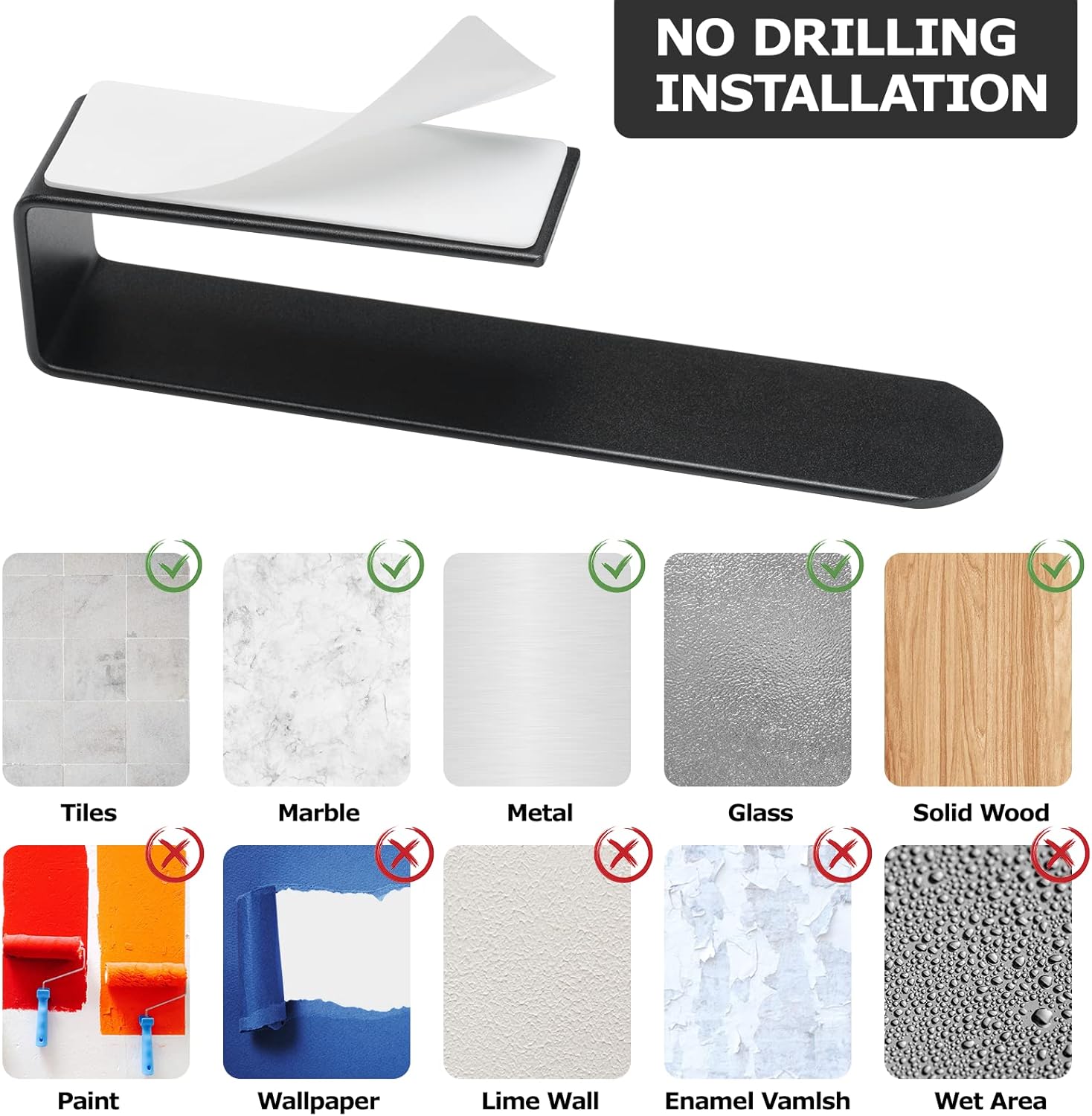 BillyBath - Porte-serviette mural noir 20cm - adhésif/perçage, salle de bain