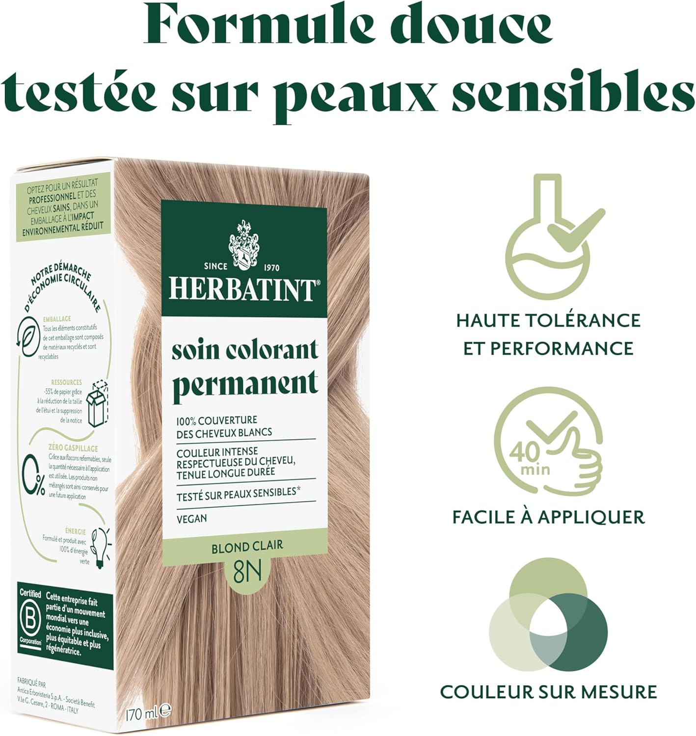 Herbatint - Coloration 8N - 170ml - Blond Clair, sans ammoniaque, 8 extraits bio
