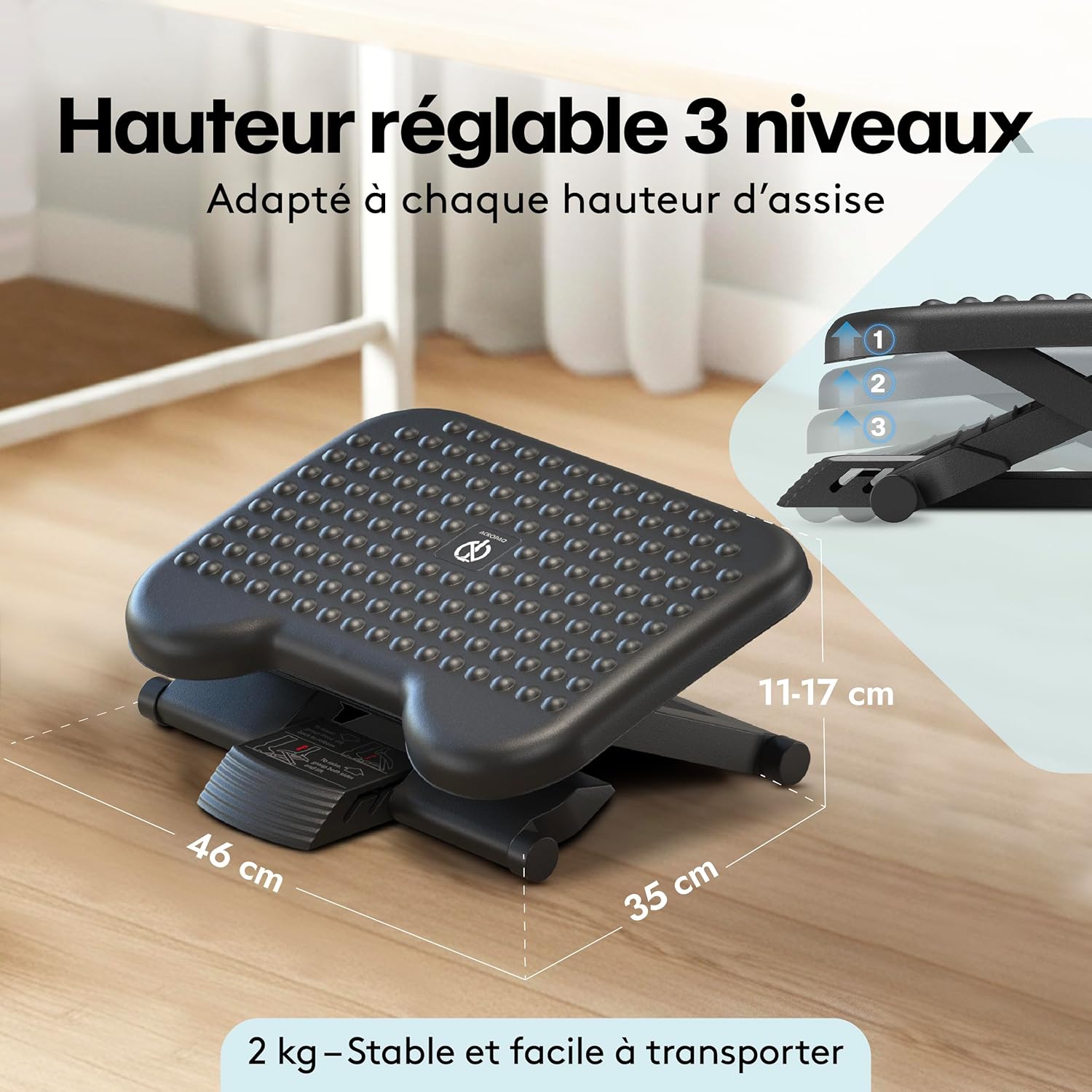 ACROPAQ - repose-pieds 3 hauteurs - inclinaison -30°/+30° - antidérapant, gris