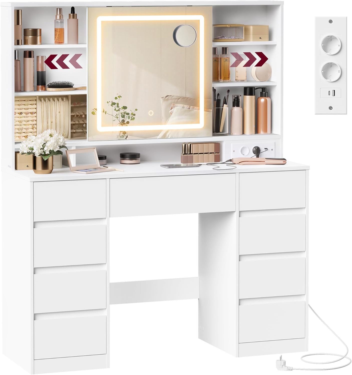 VASAGLE - Kailyn Collection - coiffeuse LED, 9 tiroirs, blanc, RDT137W01