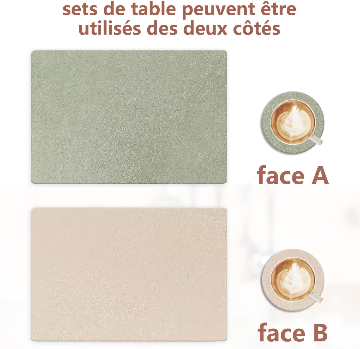Set de table - lot 6 pièces double face cuir PU 43x30cm, lavable, antidérapant