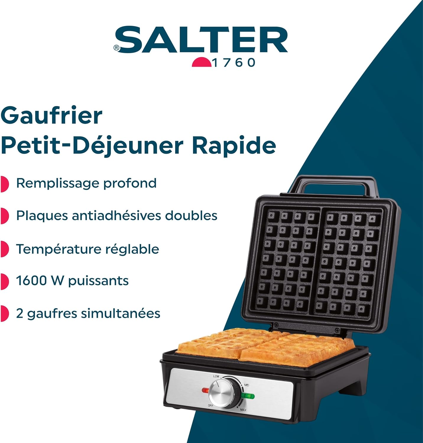 Salter - machine à gaufres - 1600W, plaques antiadhésives, contrôle température
