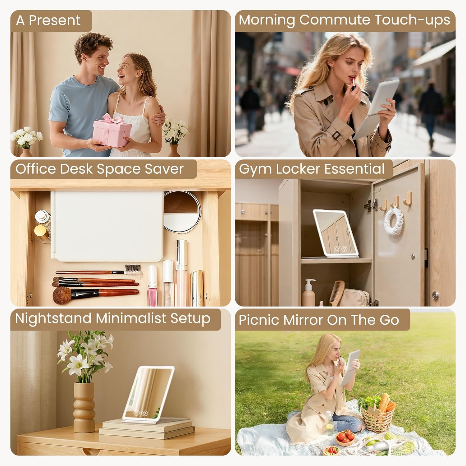 Miroir de maquillage LED - 72 LED, 1500mAh, 3 modes, pliable, portable