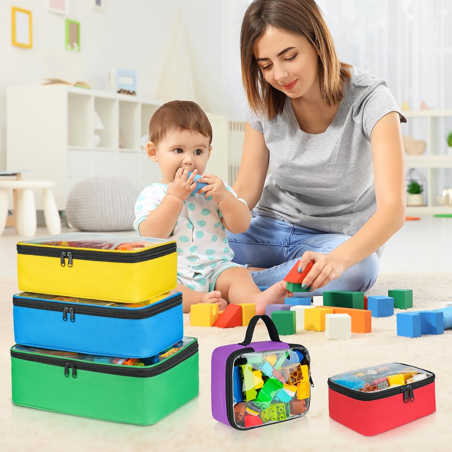 Sacs de rangement jouets enfants - lot de 5 - poches filet, compatibles Lego