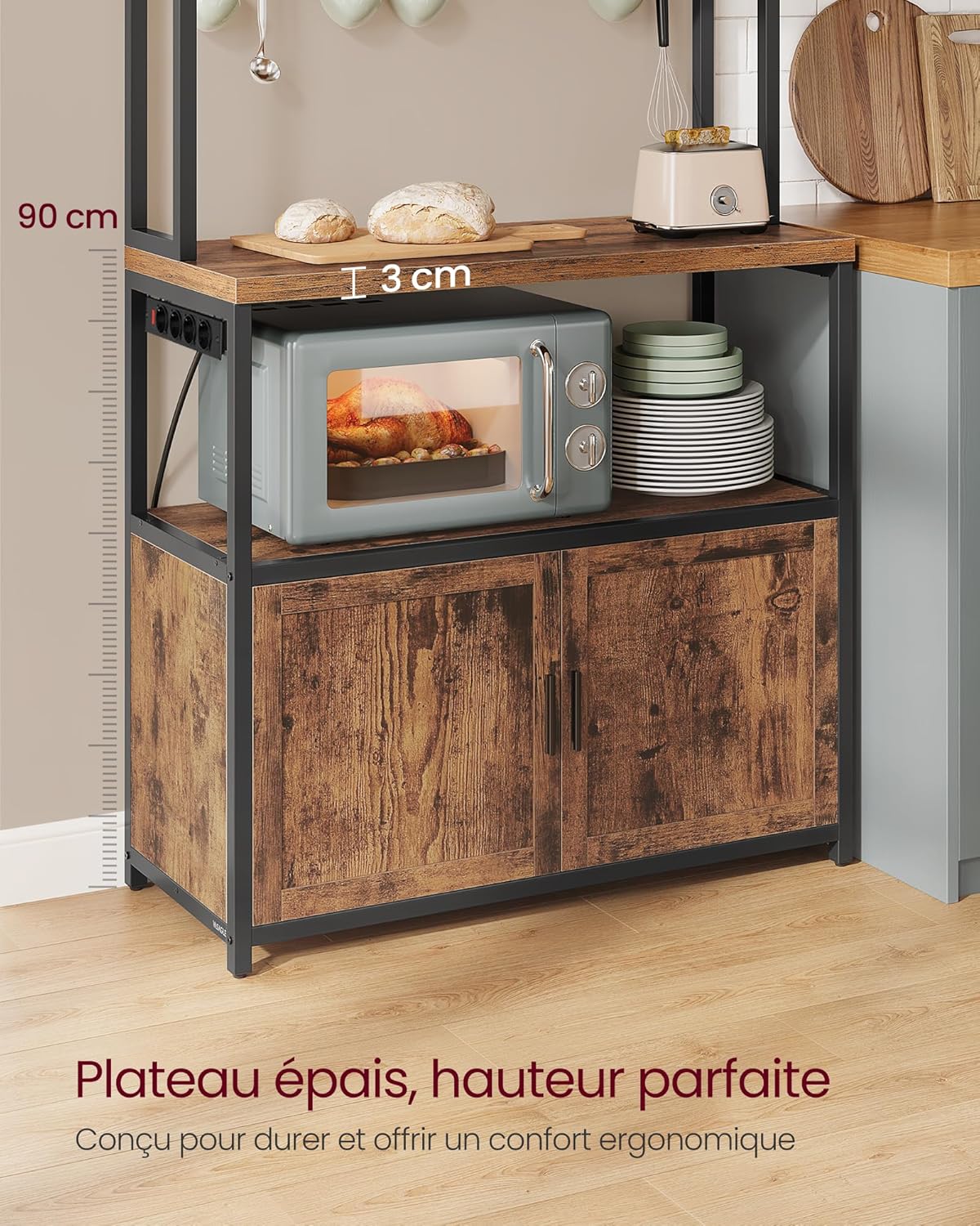 VASAGLE - étagère cuisine série KKS - 40x80x170 cm - plan de travail, multiprise, 8 crochets - KKS059KD02