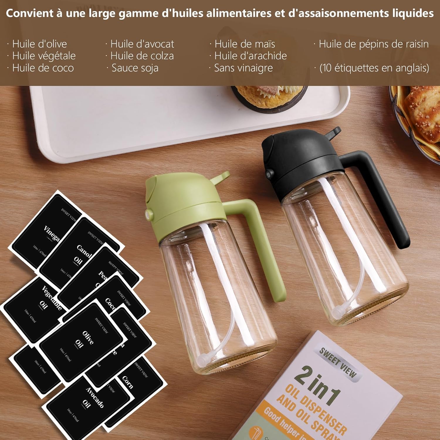 Flacon pulvérisateur d'huile - verre 470ml - 2 en 1, bec verseur