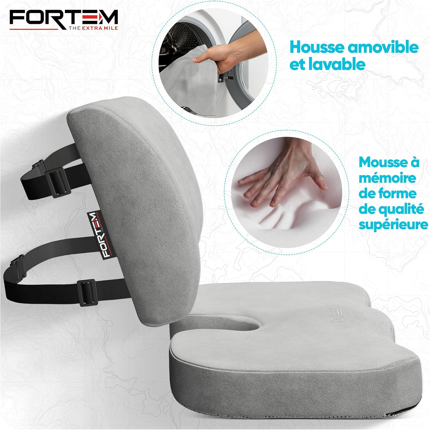 FORTEM - coussin lombaire/assise mémoire forme - soutien dos - antidérapant