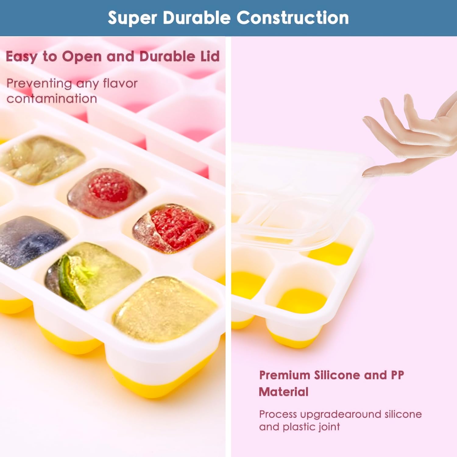 Bacs à glaçons silicone - 4 pièces - empilables, sans BPA, couvercle