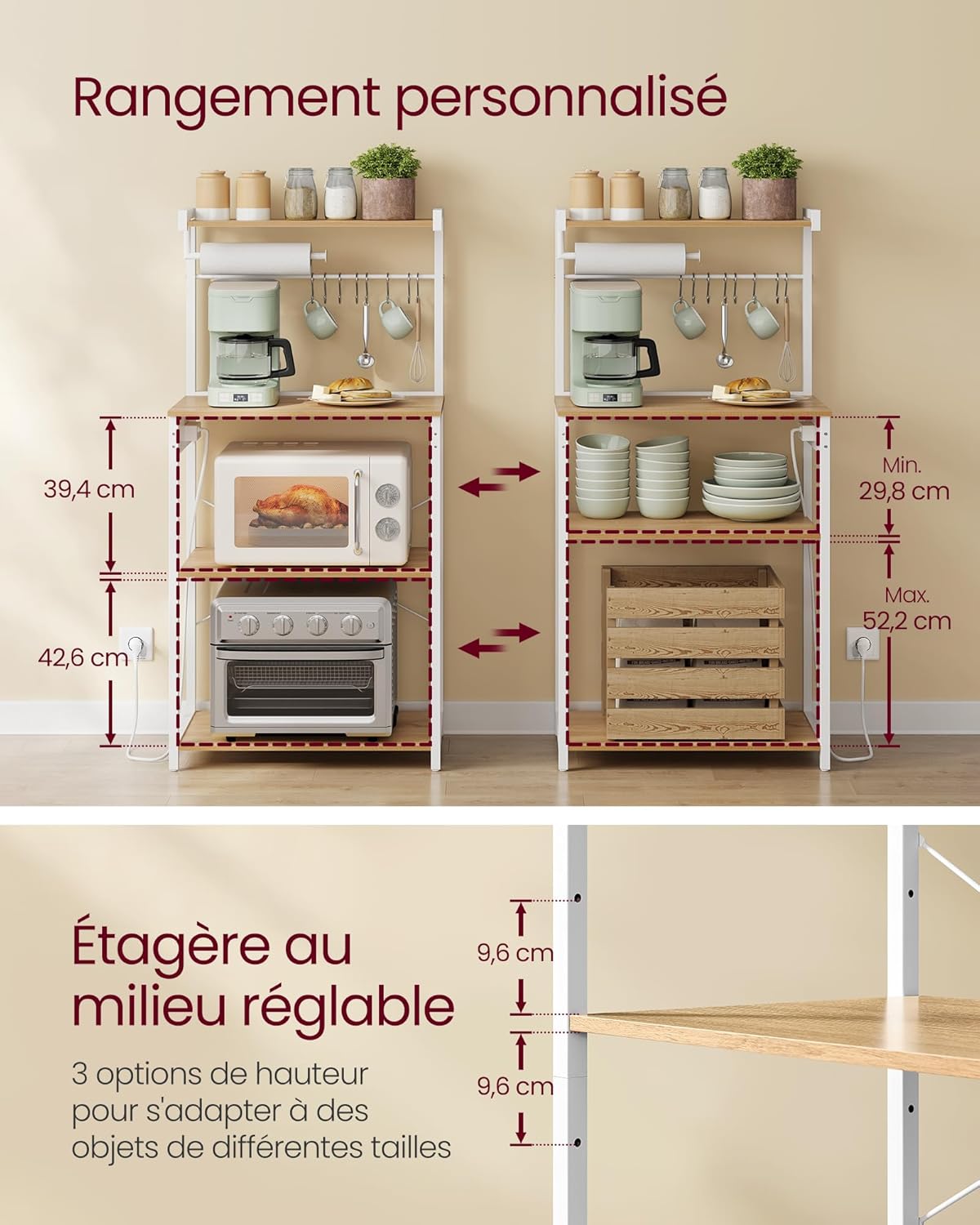 VASAGLE - support micro-ondes 40x60x140cm, 4 niveaux, multiprise, KKS014Y02
