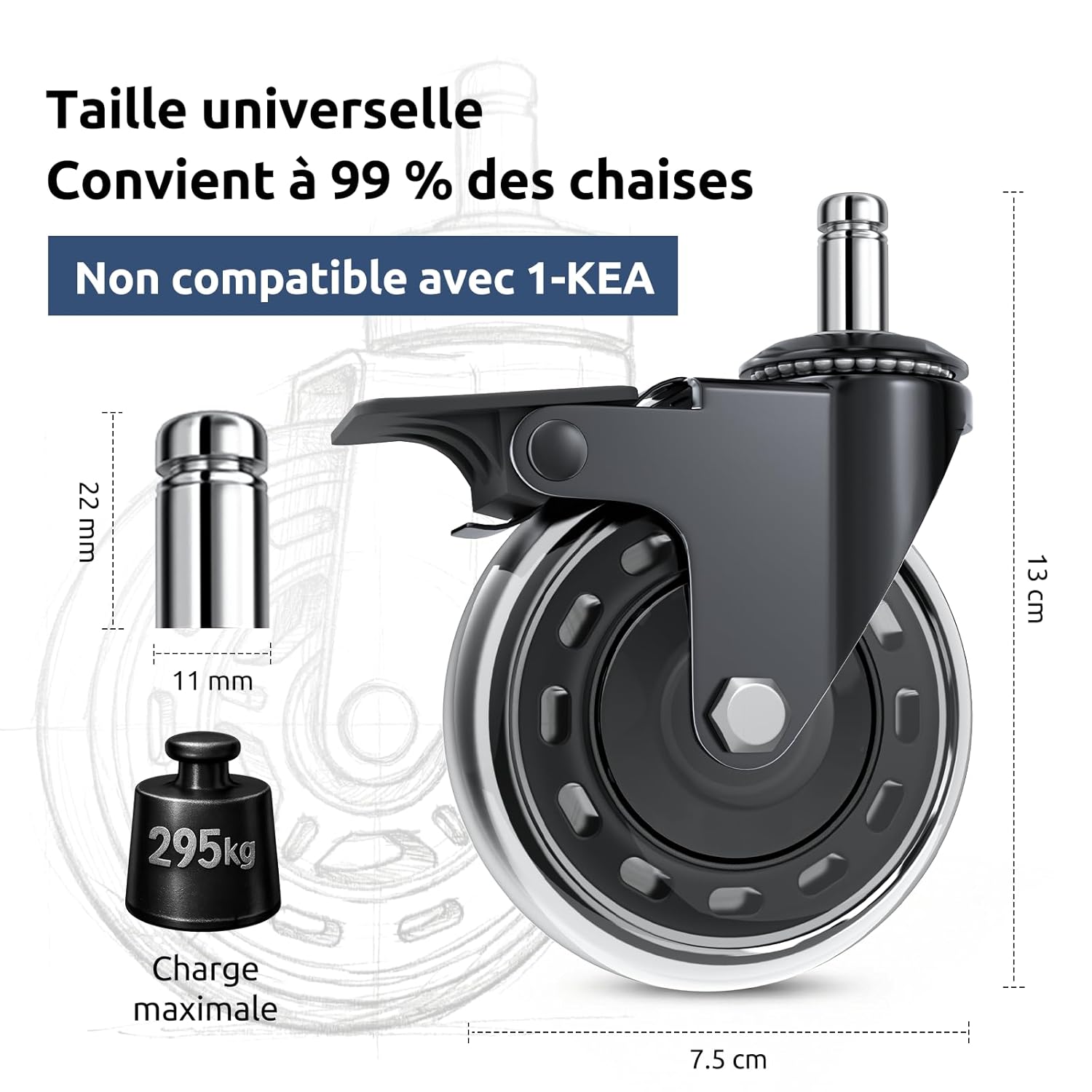 COSYLAND - Set de 5 roulettes 11x22 mm - frein, sols protégés, durable