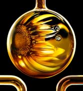 Gros plan d'un ornement en verre doré avec un motif tourbillonnant spectaculaire sur fond noir, créant des effets d'ombre et de lumière abstraits.