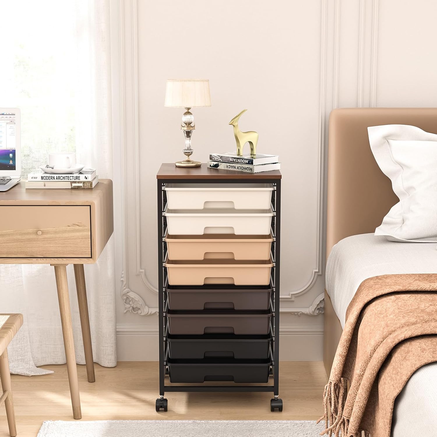 Chariot de salle de bain - 8 tiroirs, roulettes, plateau bois, grande capacité, marron