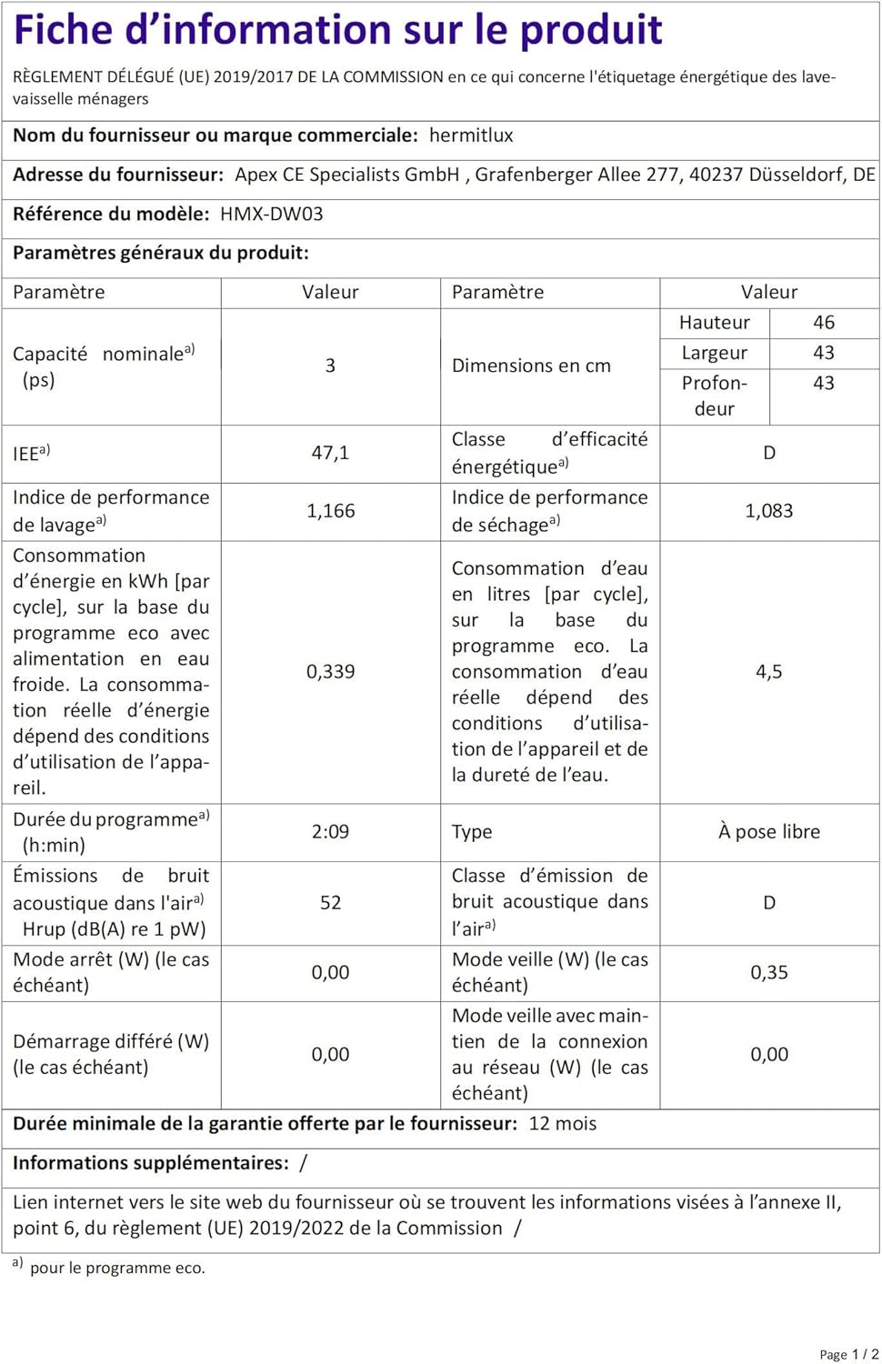 Hermitlux - Mini lave-vaisselle 4 couverts compact, 5 programmes, stérilisation 75°C, 5L/robinet