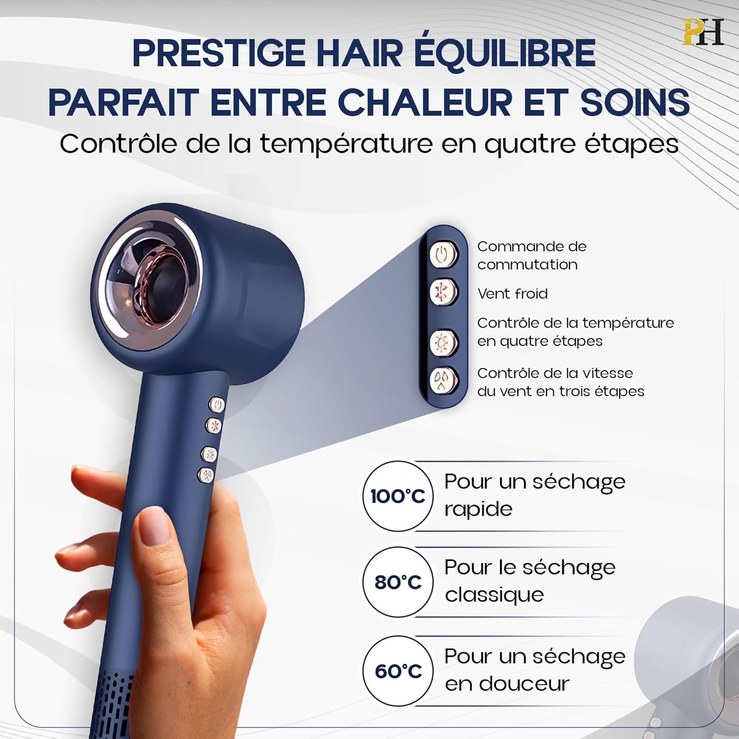 Sèche-cheveux ionique - compact, léger, silencieux, accessoires, air froid