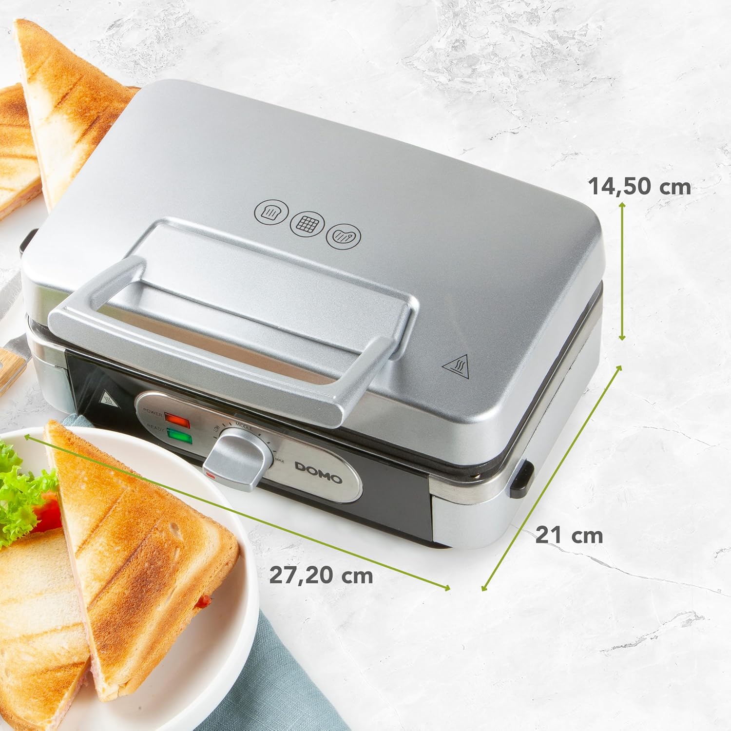 DOMO - Snackmaker 3-en-1 inox/Noir, plaques antiadhésives, DO9136C