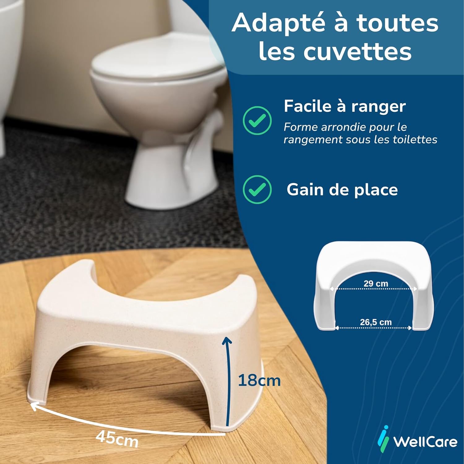 Tabouret de toilette - marche-pied adulte, plastique bois recyclé, fabrication française, beige
