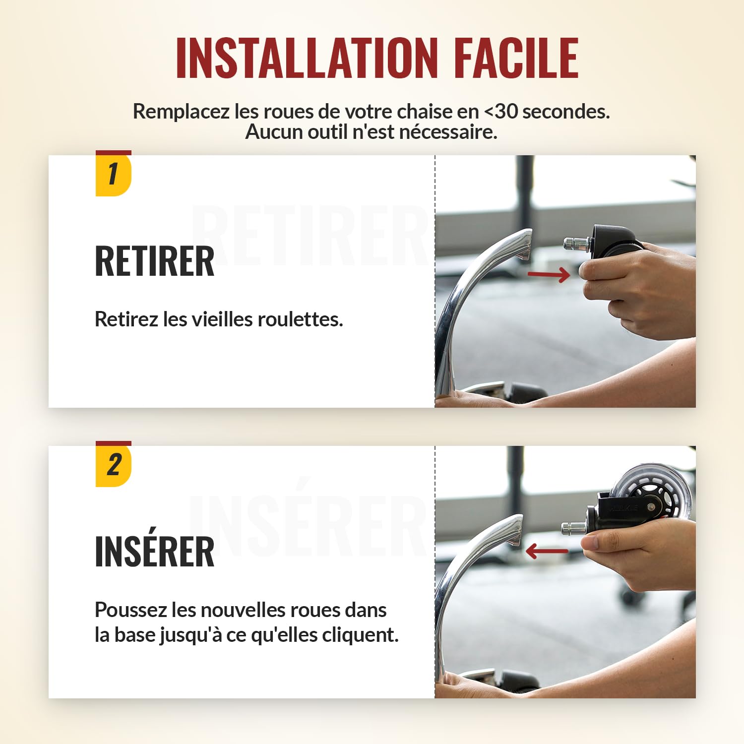 HOLKIE - roulettes chaise bureau - 10x22mm - lot de 5, caoutchouc, rouge, compatible bois/tapis