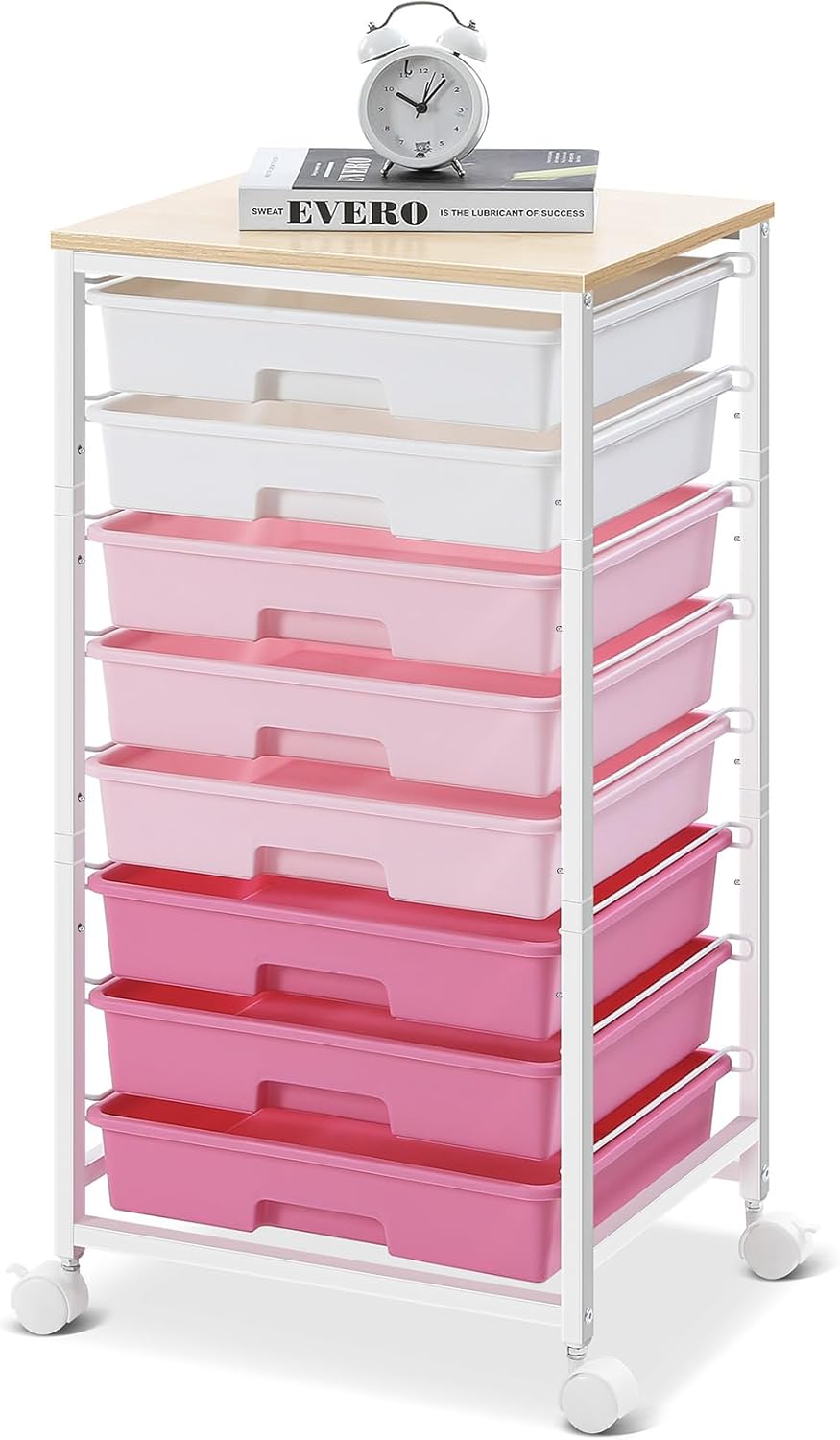 Chariot de Salle de Bain - 8 tiroirs, roulettes, plateau bois, rose, grande capacité