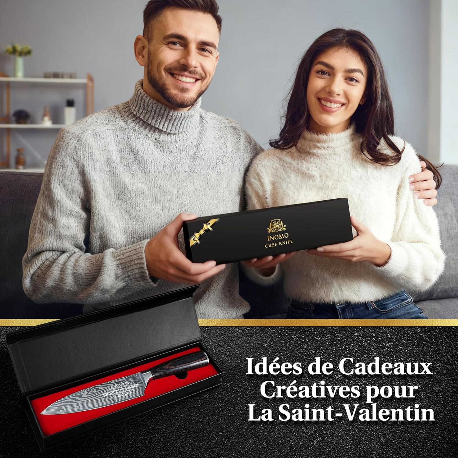 Couteau de chef personnalisé – lame inox, manche ergonomique, cadeau homme/femme, longueur 20cm