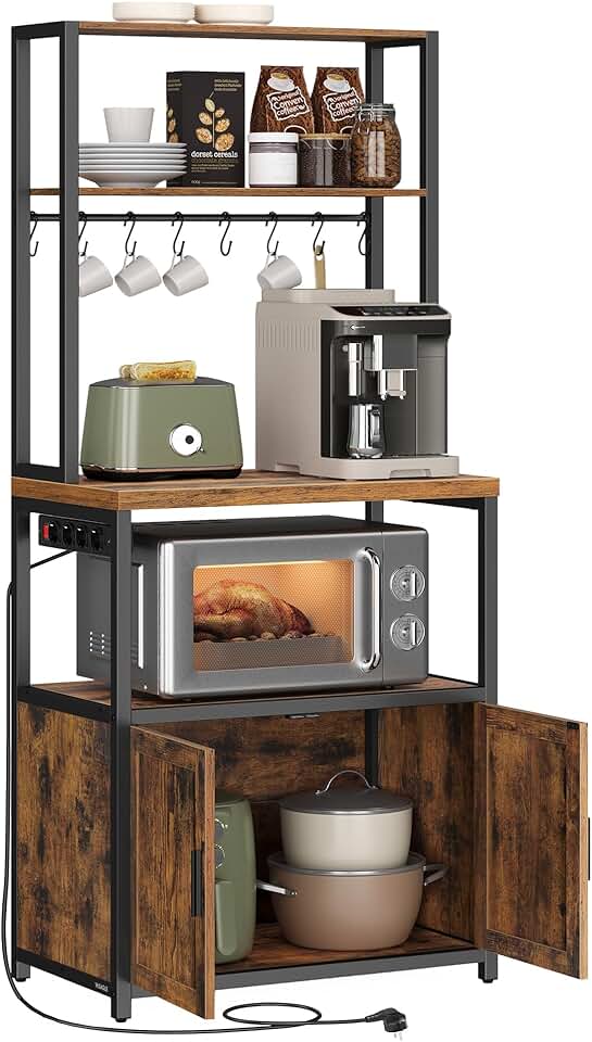 VASAGLE - étagère cuisine série KKS - 40x60x170 cm - avec multiprise, 8 crochets, plan 90 cm, marron/noir KKS058K02